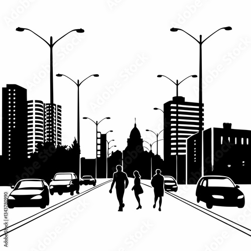 Urban street scene with people and cars - for articles on urban planning, magazine covers about life in megacities, presentations, T-shirt prints in minimalist style