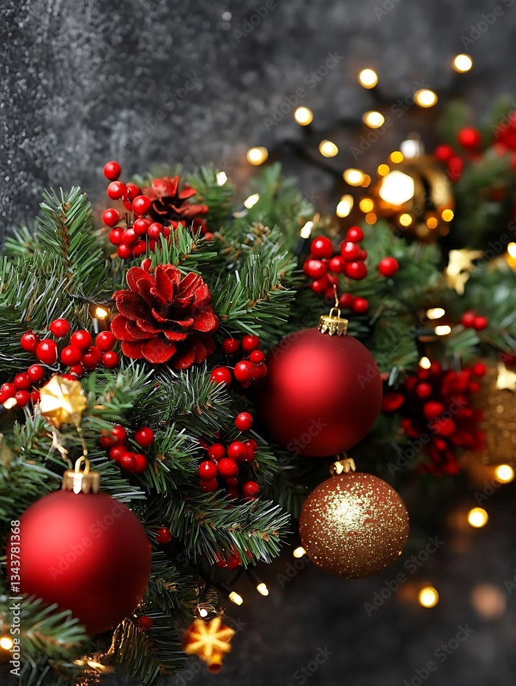 Christmas decorations with ornaments and lights creating a festive atmosphere Christmas decorations with ornaments and lights creating a festive atmosphere