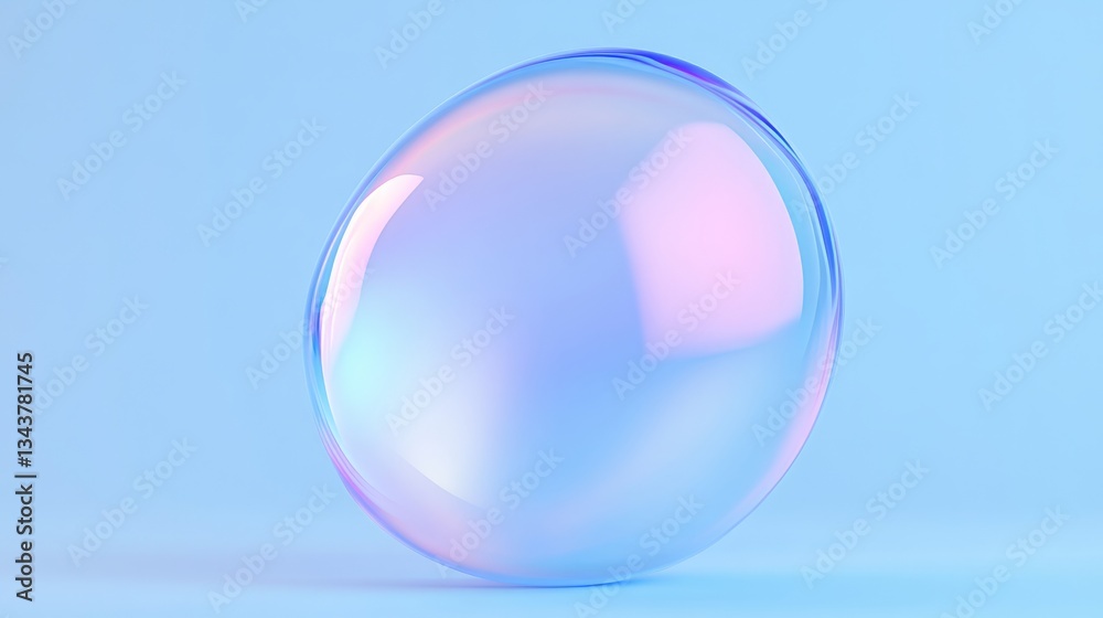 Colorful Soap Bubble on Light Blue Background with Soft Reflections and Iridescent Surface Colorful Soap Bubble on Light Blue Background with Soft Reflections and Iridescent Surface