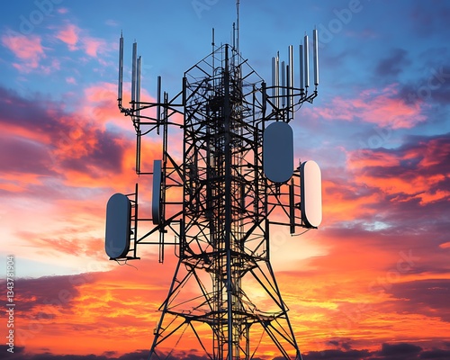 A towering telecommunications structure silhouetted against a vibrant sunset sky