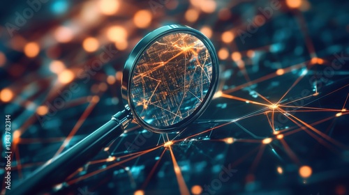 Magnifying glass over a network of digital connections illuminated by glowing lights, symbolizing exploration and insight into technology and data analysis in a futuristic context.