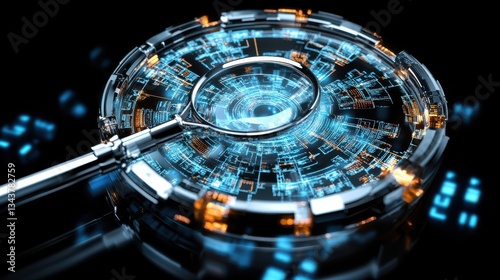 Magnifying Glass Over Futuristic Digital Interface with Circular Patterns, High-Tech Design featuring a Blend of Blue and Orange Elements in a Dark Background