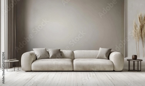 Modern beige living room with sofa, neutral decor, and simple style photo