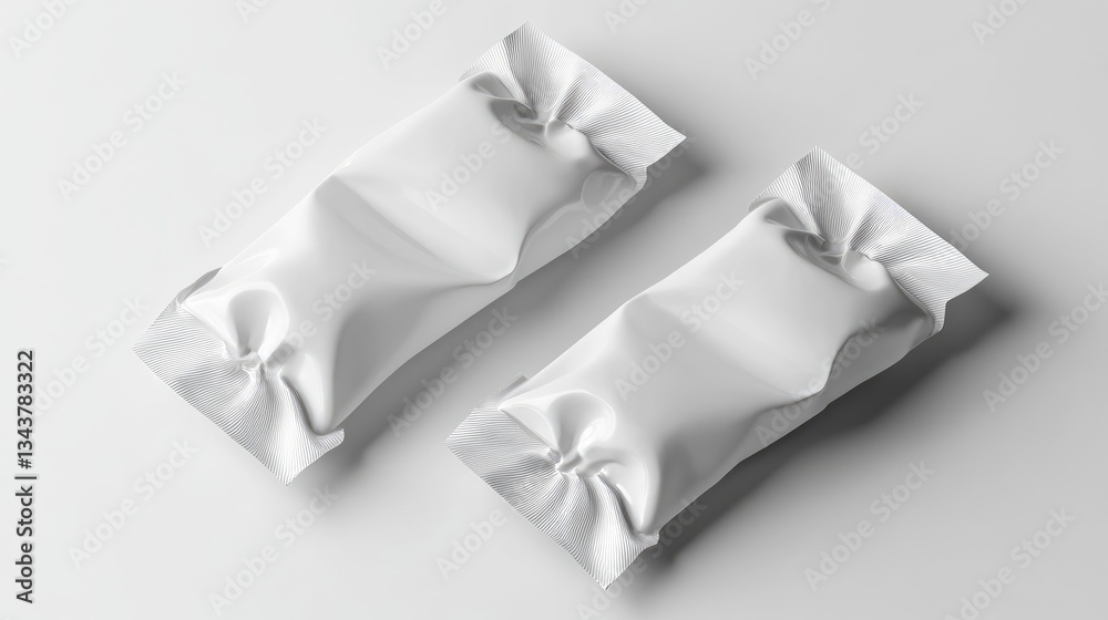 Obraz premium Two neatly packaged white pouches resting on a clean surface, ideal for product display in marketing materials