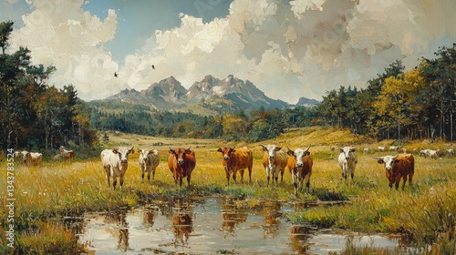 Cattle grazing peacefully by a serene pond, surrounded by mountains and lush greenery