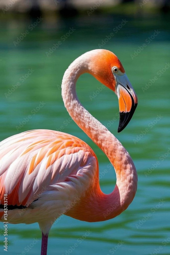 Fototapeta premium flamingo standing in the water with its head turned to the right