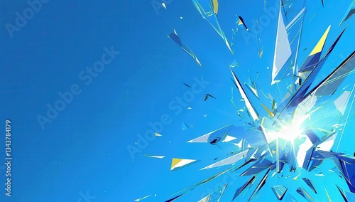 Abstract explosion of fragmented shards against a bright blue background creating a dynamic and vibrant visual energy in a modern design context