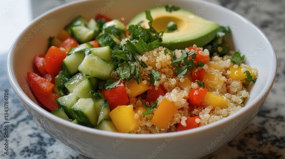 A colorful vegetable and quinoa bowl with avocado, cucumbers, and bell peppers, dressed in a tangy dressing A colorful vegetable and quinoa bowl with avocado, cucumbers, and bell peppers, dressed in a tangy dressing