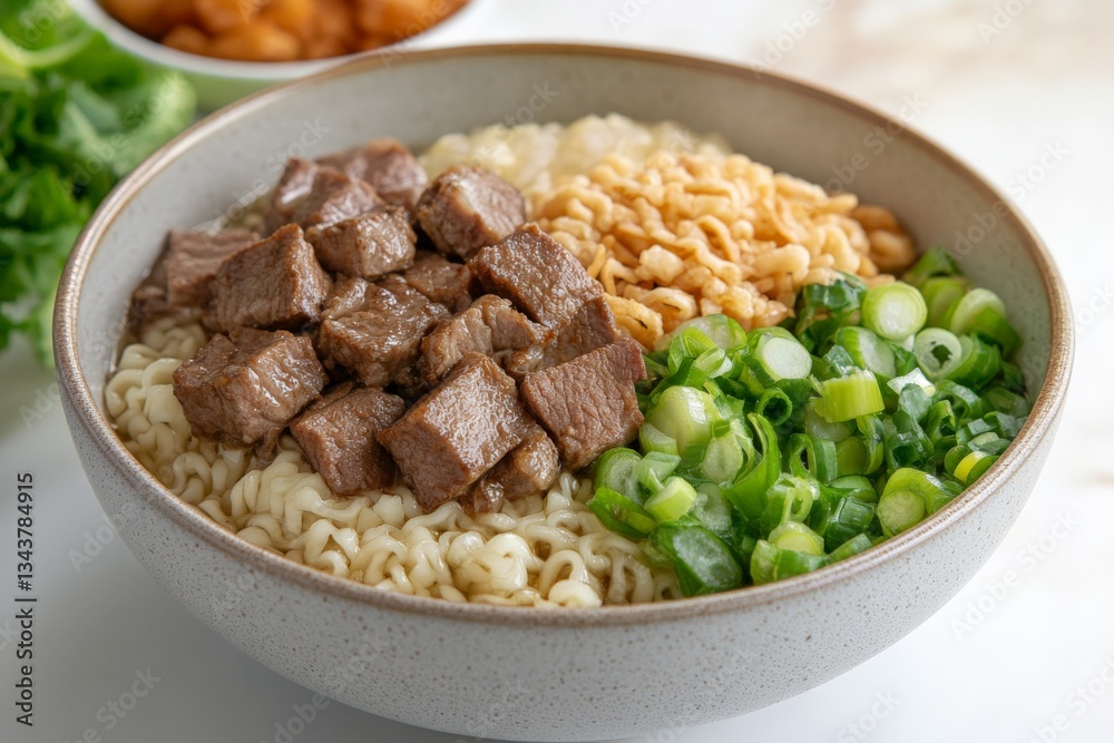 Delicious bowl of beef ramen with vegetables and noodles ready for a satisfying meal Delicious bowl of beef ramen with vegetables and noodles ready for a satisfying meal