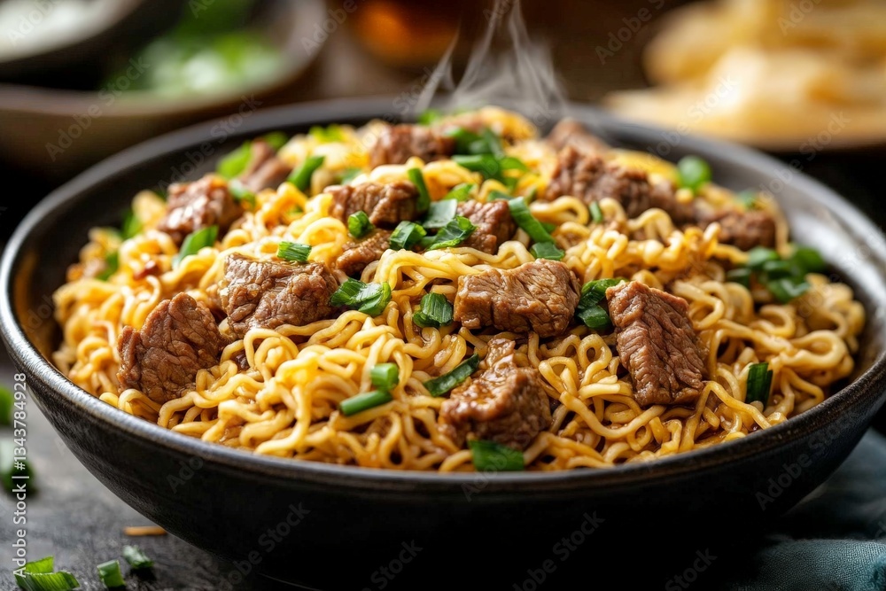 Savory beef noodles served in a black bowl with steam rising in a cozy kitchen atmosphere