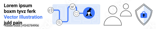 Blue path links icons representing marketing, e-commerce, and health to a profile avatar. Includes security shield and abstract user figures. Ideal for technology, networking, marketing, security