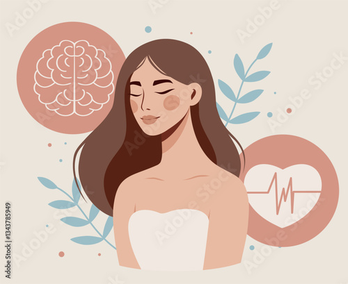  International Mental Health Day. Women's mental health. Vector tender illustration of woman girl in harmony and calm in head brain and heart. Psychotherapy or psychology concept for health projects