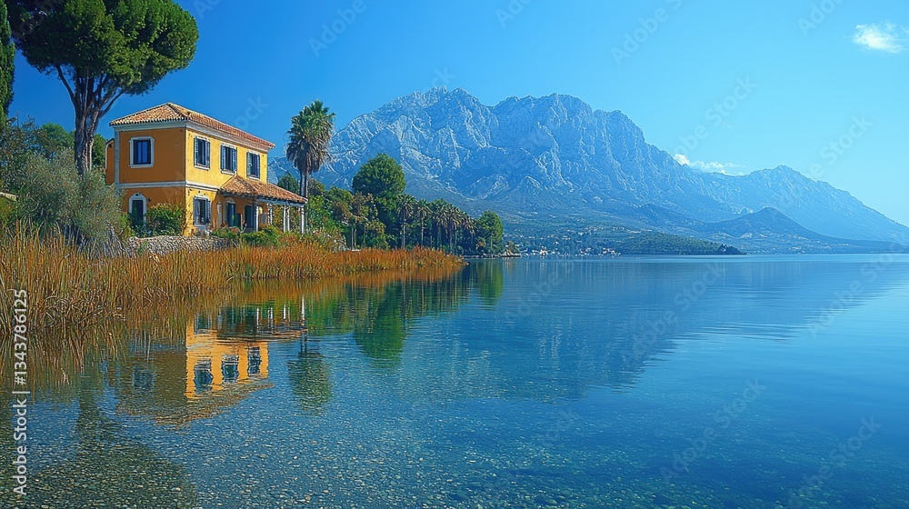 Naklejka premium Serene lakeside villa with mountains in the background reflecting on water