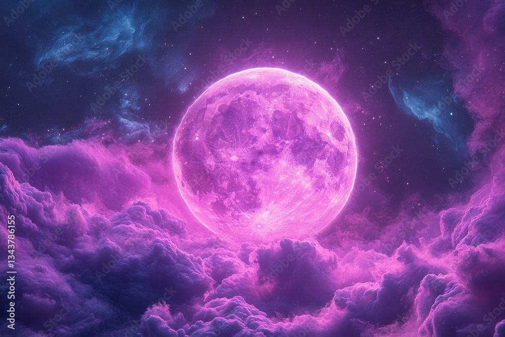 Fototapeta premium Vibrant pink moon illuminating clouds under a starry night sky in a surreal celestial landscape