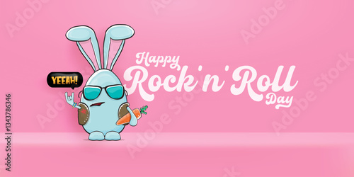 World rock n roll day horizontal banner with funny cartoon rock star rabbit character and rock hand gesture isolated on pink room background. Rock n roll poster