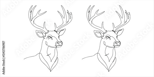 deer head with horns, continuous single one line minimalist continuous single line hand drawn sketch illustrating an abstract deer head with prominent antlers