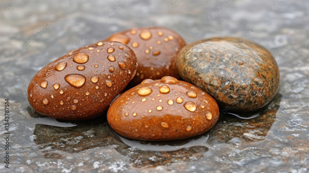 Smooth Wet Stones with Water Drops on a Rock Surface Closeup Smooth Wet Stones with Water Drops on a Rock Surface Closeup