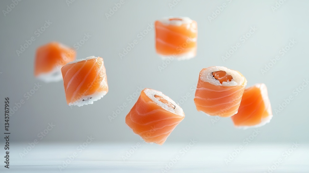 Fresh sushi rolls with salmon appear to levitate in mid-air, isolated against a pristine white background for a dynamic close-up presentation Fresh sushi rolls with salmon appear to levitate in mid-air, isolated against a pristine white background for a dynamic close-up presentation