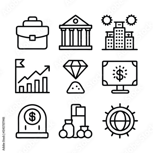 Set of business and finance icons including symbols for communication, money, and web services