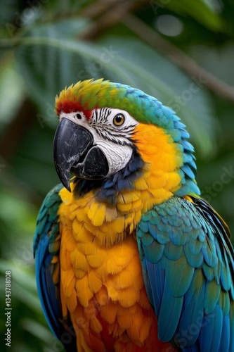 araffy colorful parrot with a red head and blue wings