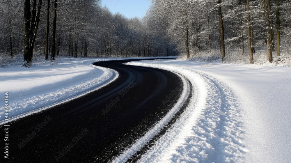 Obraz premium Winding road through snowy forest