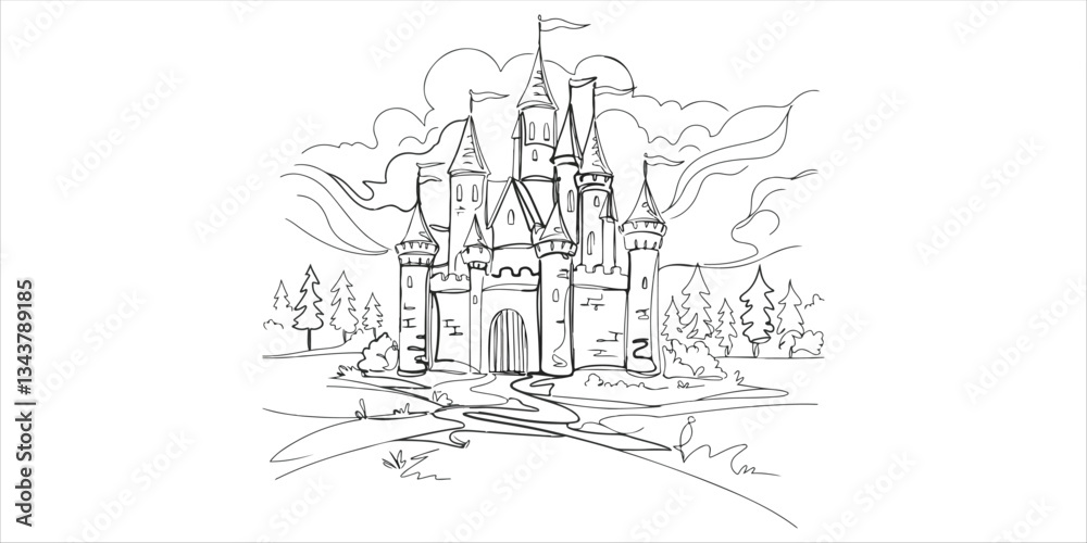 knight's castle, continuous single one minimalist continuous single line hand drawn sketch depicting an abstract ancient medieval castle, reminiscent of a fairy tale knight’s fortress knight's castle, continuous single one minimalist continuous single line hand drawn sketch depicting an abstract ancient medieval castle, reminiscent of a fairy tale knight’s fortress