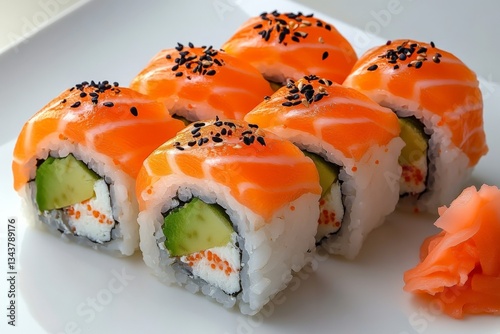 Delicious sushi rolls with fresh salmon and avocado served on a plate during midday meal