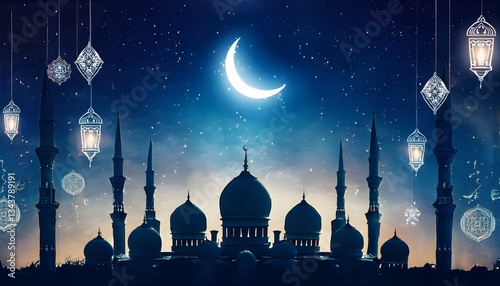 Grand Mosque Silhouette Under Starry Sky with Crescent Moon & Lanterns | Eid Vector Illustration