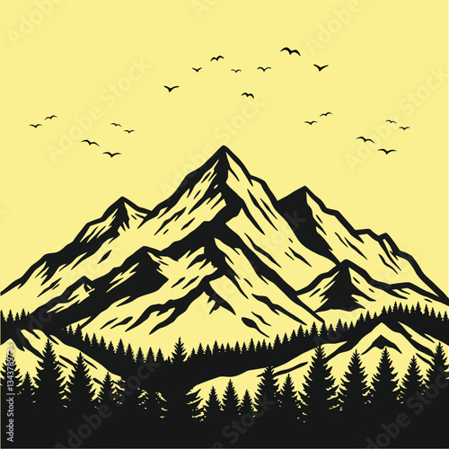 Majestic Mountain Landscape with Flying Birds and Forest
