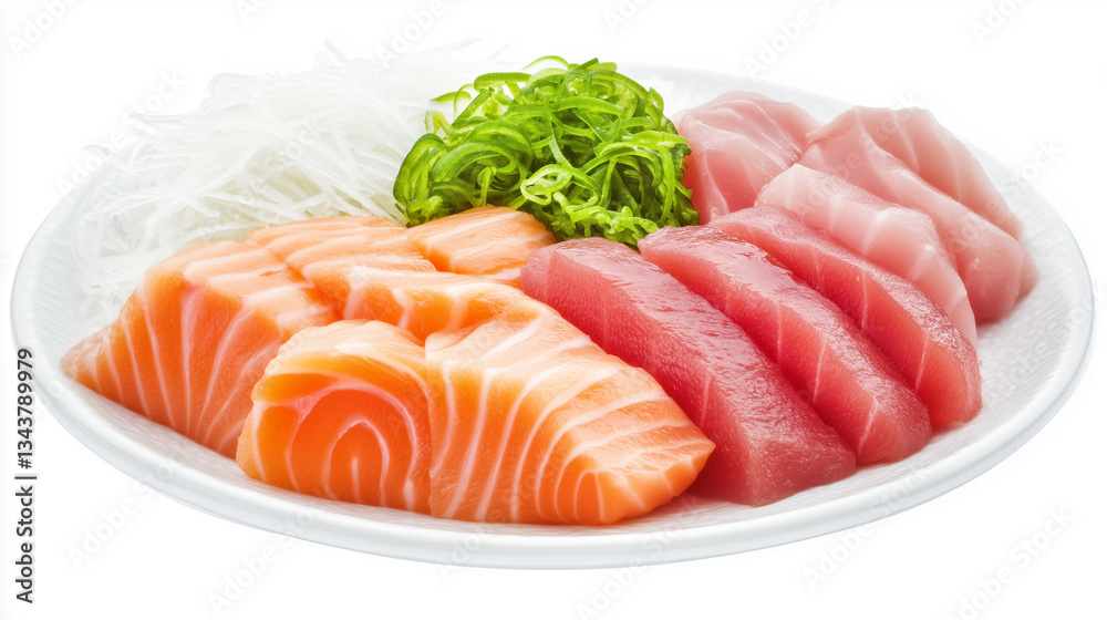 Plate of Assorted Sashimi with Salmon, Tuna, and Yellowtail Cuts Elegantly Displayed with Shredded Daikon Radish Garnish Fully Isolated on White Background - Generated AI
Plate of Assorted Sashimi with Salmon, Tuna, and Yellowtail Cuts Elegantly Displayed with Shredded Daikon Radish Garnish Fully Isolated on White Background - Generated AI