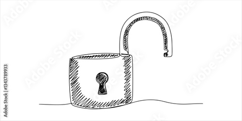 unlocked Padlock, continuous single one minimalist continuous single line hand drawn sketch illustrating an abstract open and unlocked padlock