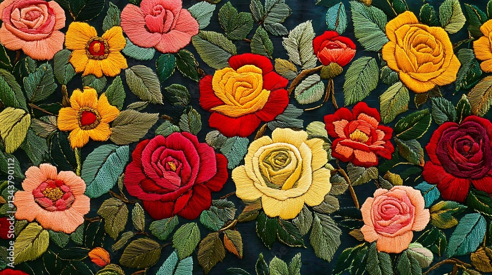 A vibrant embroidered rose pattern, showcasing yellow, red, and pink flowers with green leaves on a fabric backdrop A vibrant embroidered rose pattern, showcasing yellow, red, and pink flowers with green leaves on a fabric backdrop