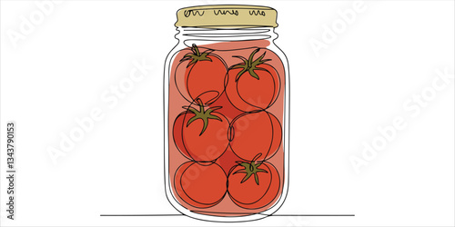 vegetable tomato, continuous single one line minimalist continuous single line hand drawn sketch depicting abstract vegetables, featuring tomatoes and a jar filled with canned, pickled, and salted.