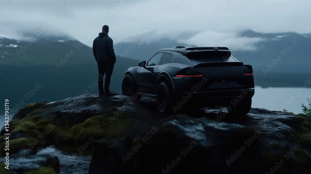 Man stands on a rocky outcrop, gazing at a dark SUV overlooking a misty lake
