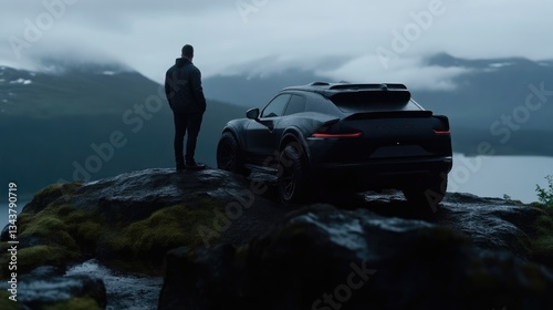 Obraz na płótnie Man stands on a rocky outcrop, gazing at a dark SUV overlooking a misty lake w salonie