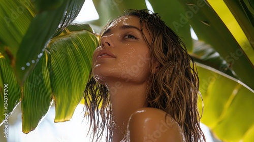 Fototapeta Naklejka Na Ścianę i Meble -  A beautifully bronzed woman with wet, wavy hair, standing under the shade of tropical banana leaves, her serene expression exuding relaxation as she breathes in the fresh jungle air.