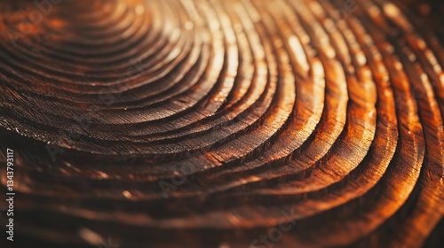 Close-up of old oak tree trunk rings with rich brown and orange tones, showcasing intricate growth patterns under soft overhead lighting.