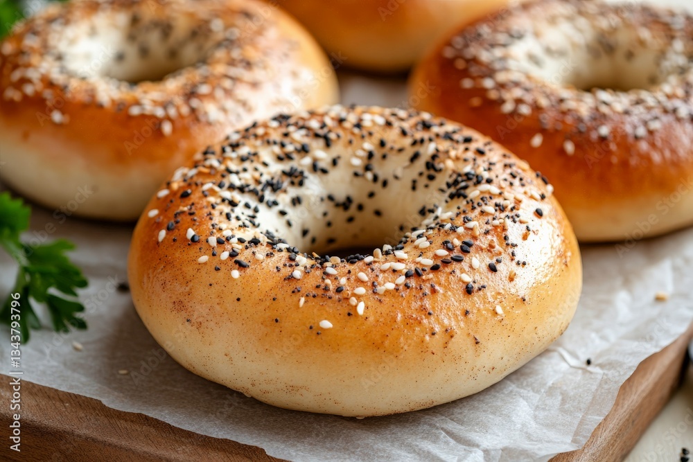 Freshly baked bagels topped with sesame seeds and poppy seeds on a wooden board in a cozy kitchen setting during the morning Freshly baked bagels topped with sesame seeds and poppy seeds on a wooden board in a cozy kitchen setting during the morning