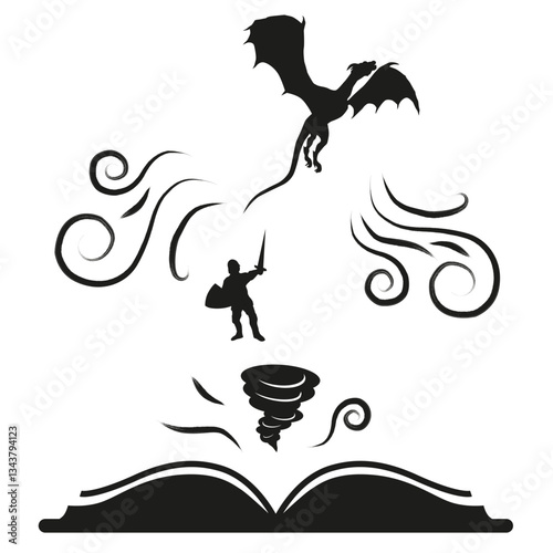 Silhouette of a book reading fairy tales and fantasy. The world of fantasy that the book opens.