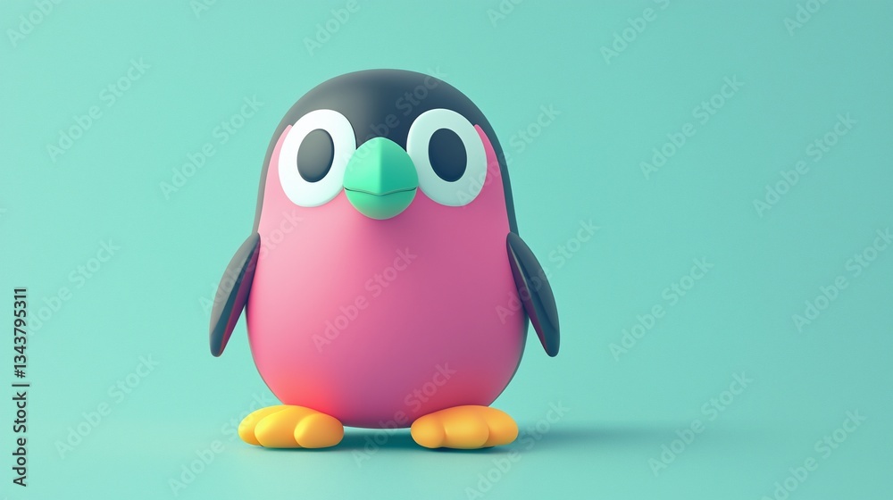 Fototapeta premium Cute Penguin 3D Model, Teal Background
