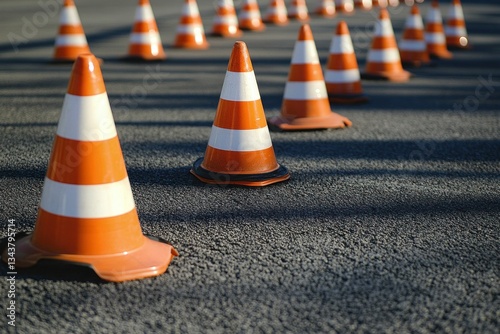 traffic cones on the asphalt floor in line for driving school