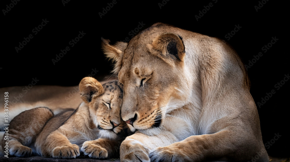 Fototapeta premium lionne faisant un câlin à son bébé