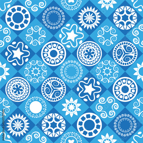 Blue and white geometric seamless pattern with abstract elements in ethnic style. Vector illustration.