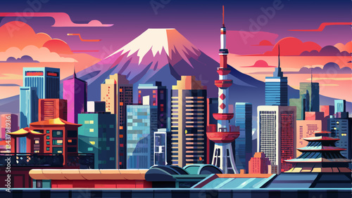 Tokyo skyline with Mount fuji panolamic view, twilight scene of city buildings with snow-covered Fuji background, majestic dynamic urban landscape in japan, commercial, editorial travel .