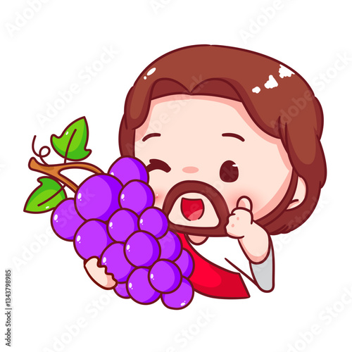 Cute Jesus holding grape fruit cartoon character. Christianity concept design. Bible story vector illustration.
