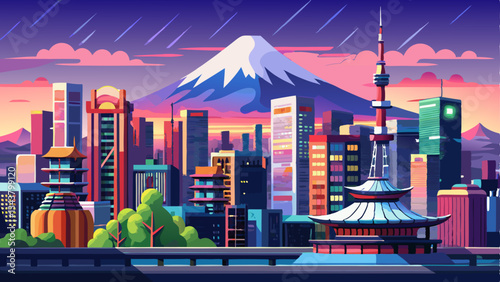 Tokyo skyline with Mount fuji panolamic view, twilight scene of city buildings with snow-covered Fuji background, majestic dynamic urban landscape in japan, commercial, editorial travel .