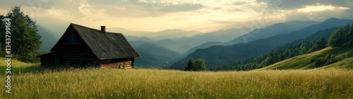 Serene Landscape with Rustic Cabin in Rolling Green Hills