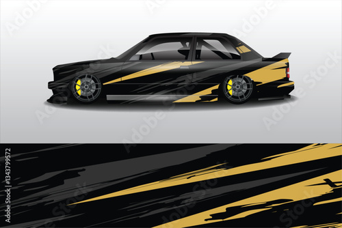 Sleek black and gold sports car illustration showcasing dynamic design against a minimalist background