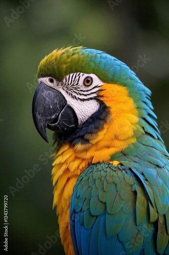 araffe parrot with a blue and yellow feathers and a green background