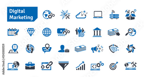 Digital Marketing and SEO Blue Icons Set. Social Media, Communication, Technology, Advertising, Ecommerce, Cyberspace, Target Audience, Website Icons Vector Illustration